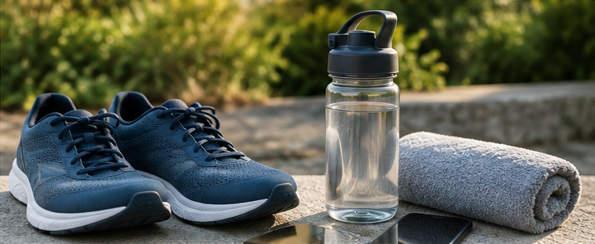 Icon Fitness | Running shoes, water bottle, towel, and phone after a workout
